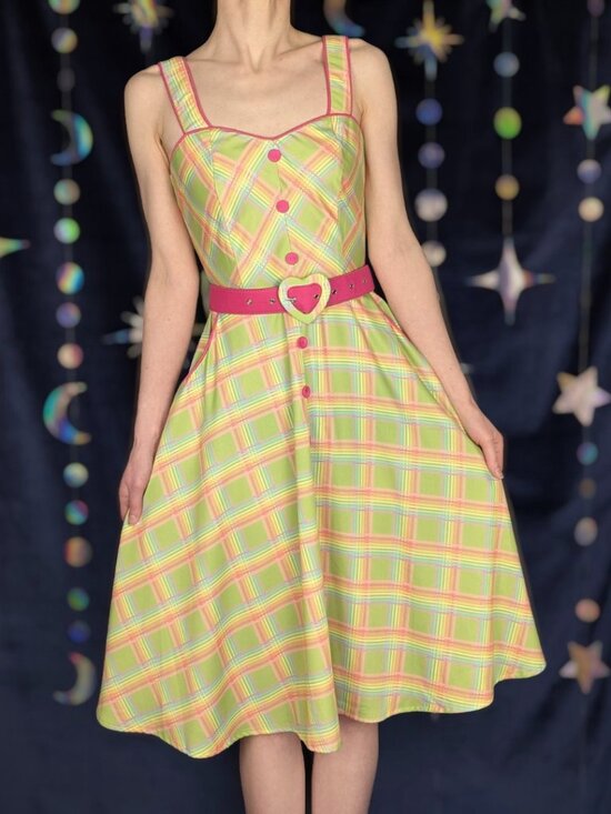 Voodoo Vixen Dresses & Skirts - Voodoo Vixen Green & Pastel Rainbow Plaid Swing Dress